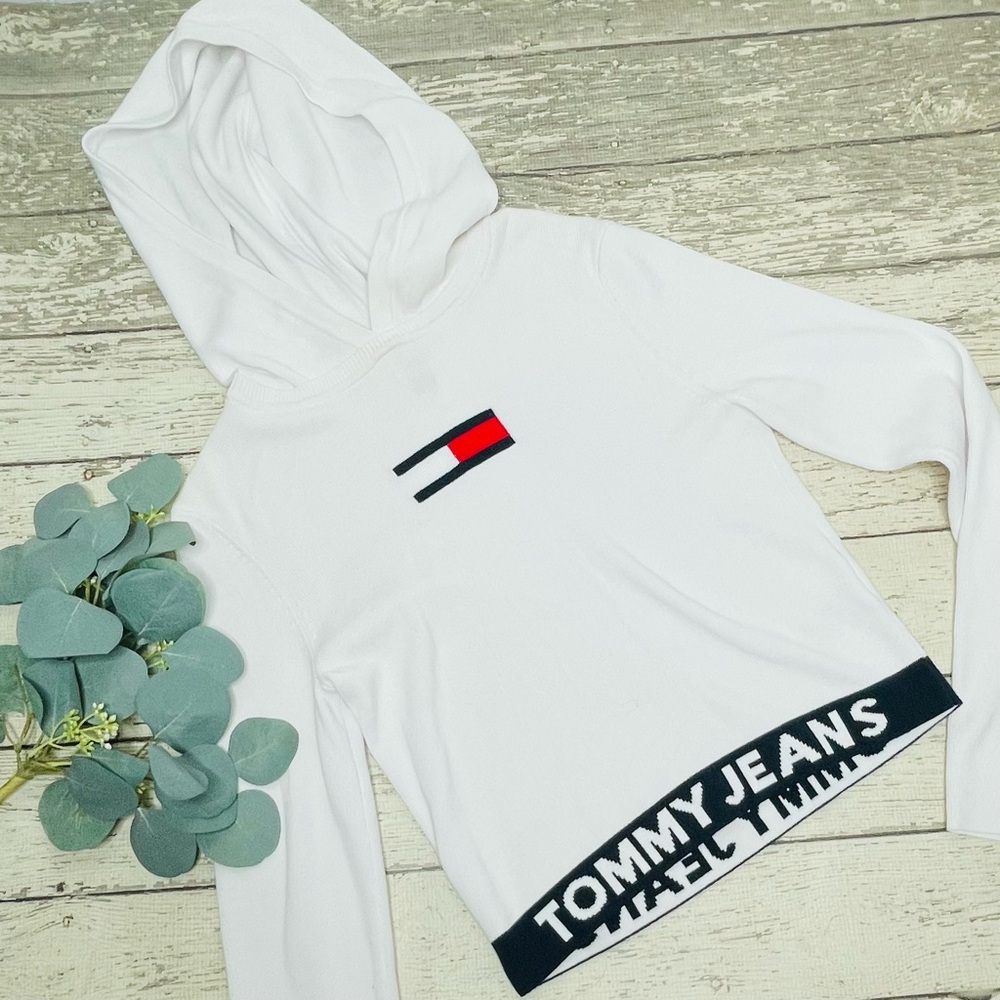 Tommy Hilfiger White Cropped Hoodie with Red & Navy Logo